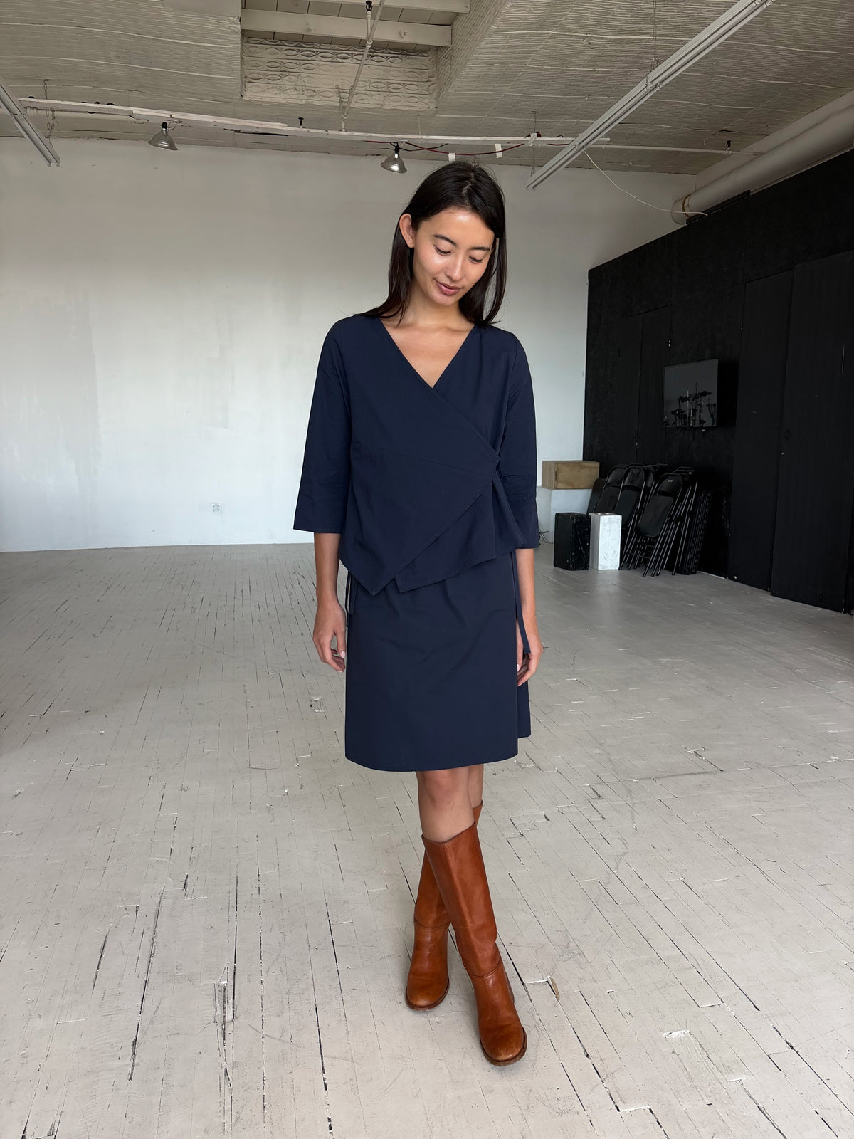 3/4 Sleeve Wrap Top - Navy