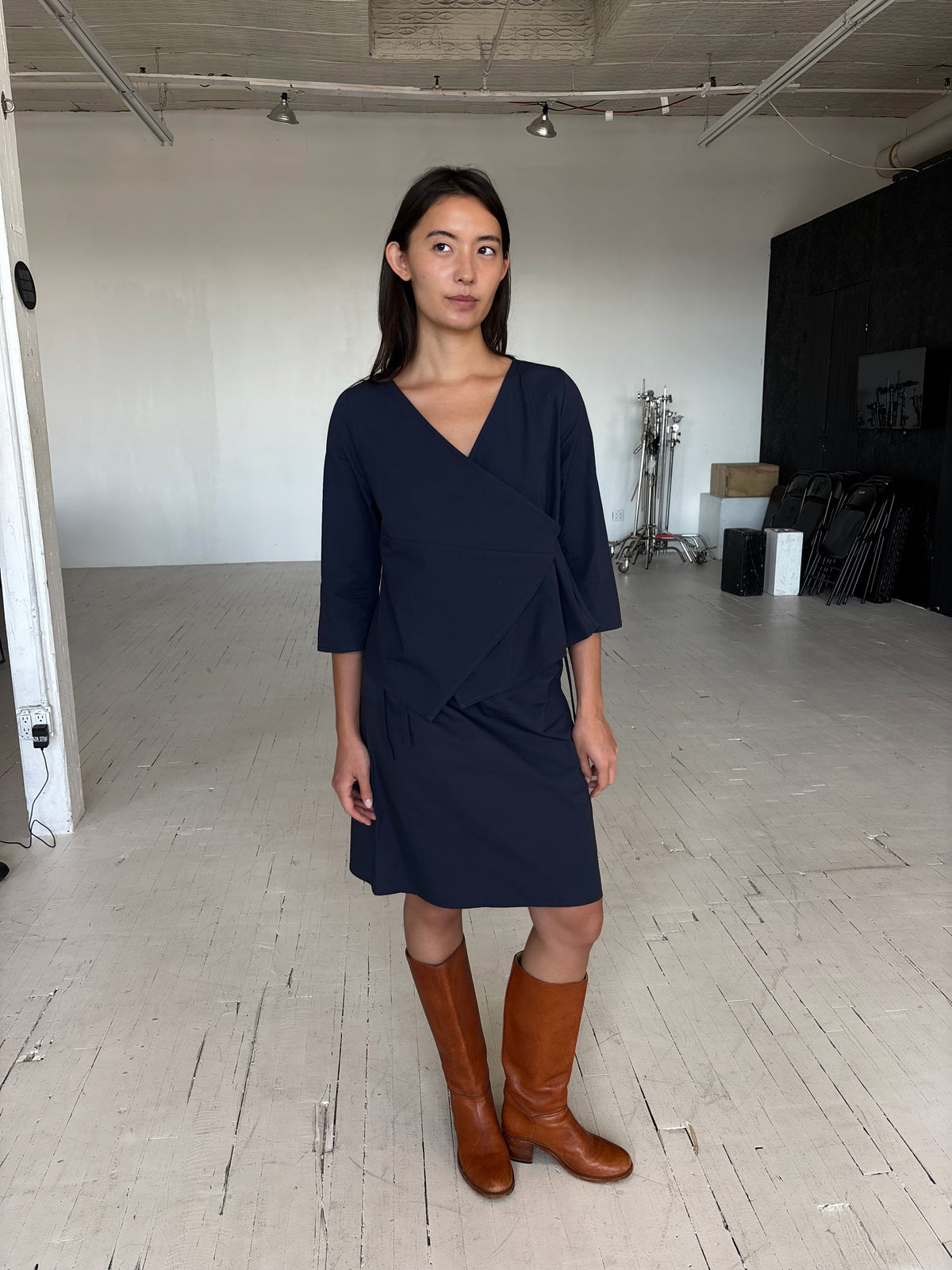 3/4 Sleeve Wrap Top - Navy