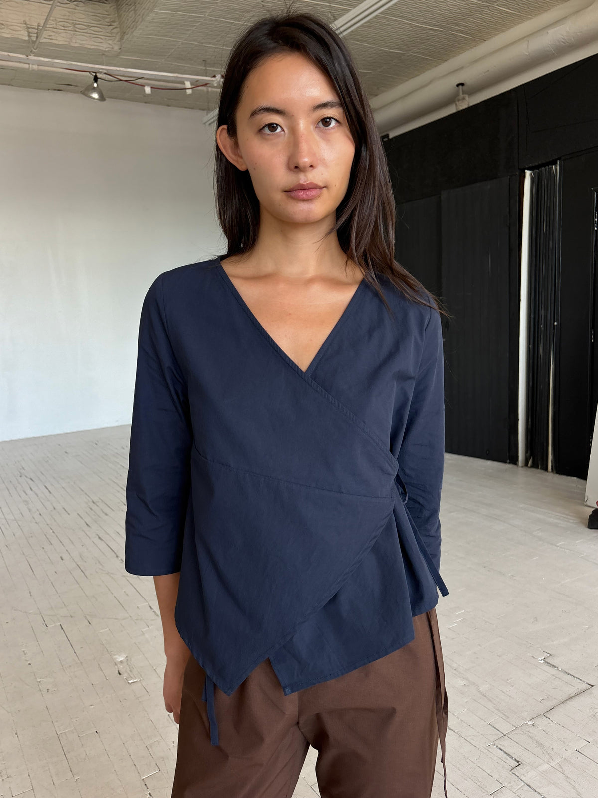3/4 Sleeve Wrap Top - Navy